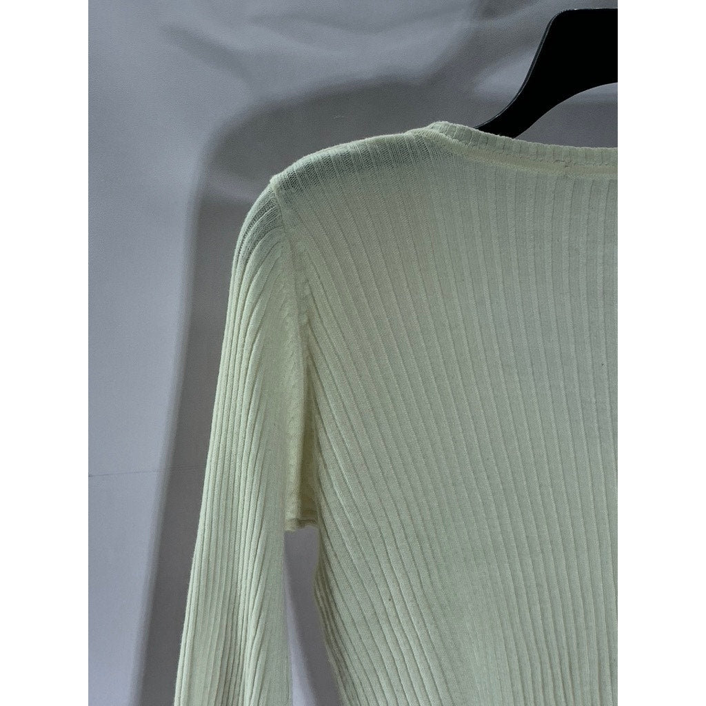 BRANDY MELVILLE Women's Cream Ribbed V-Neck Long Sleeve Crop Top SZ M
