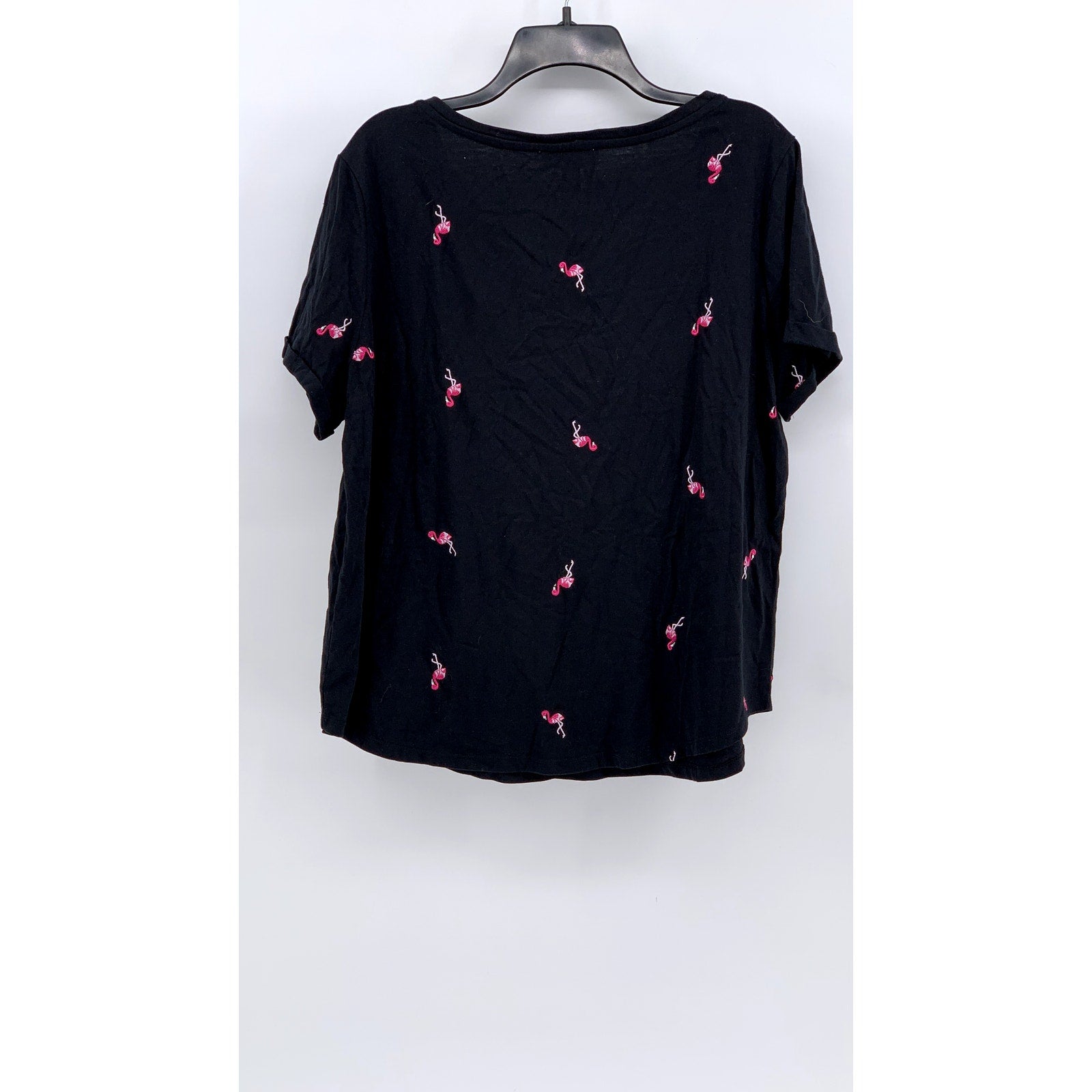 VINTAGE AMERICA Women's Black-Pink Embroidered Flamingo Top SZ XL