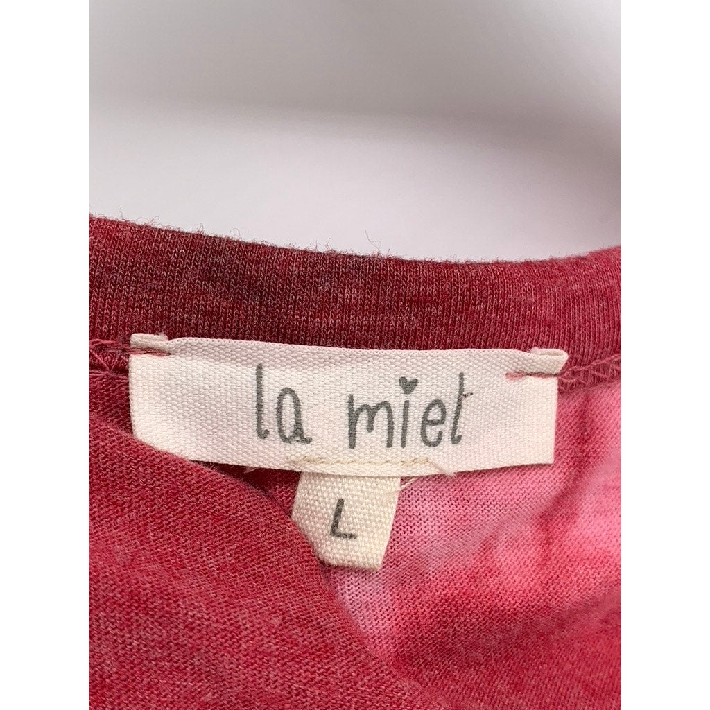 LA MIEL Women's Red Tie-Dye Side Ruched Short Sleeve Crewneck T-Shirt Dress SZ L