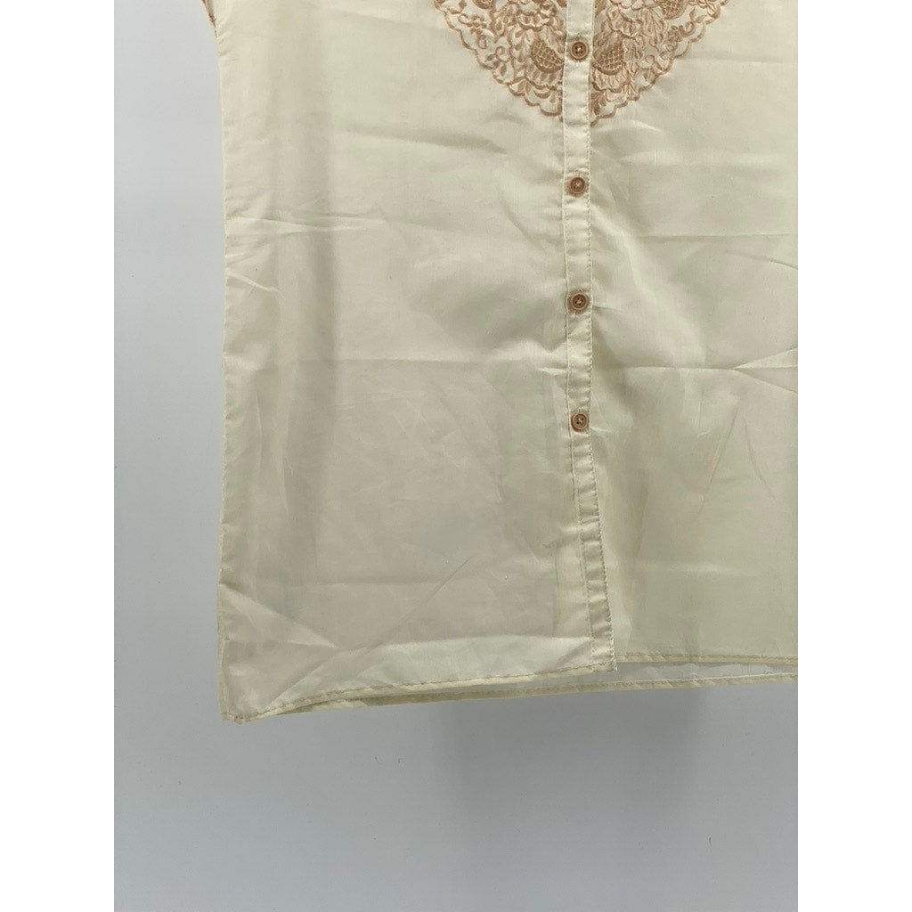 UNBRANDED Women's Beige Embroidered Mock Collar Button-Up Cap Sleeve Top SZ M