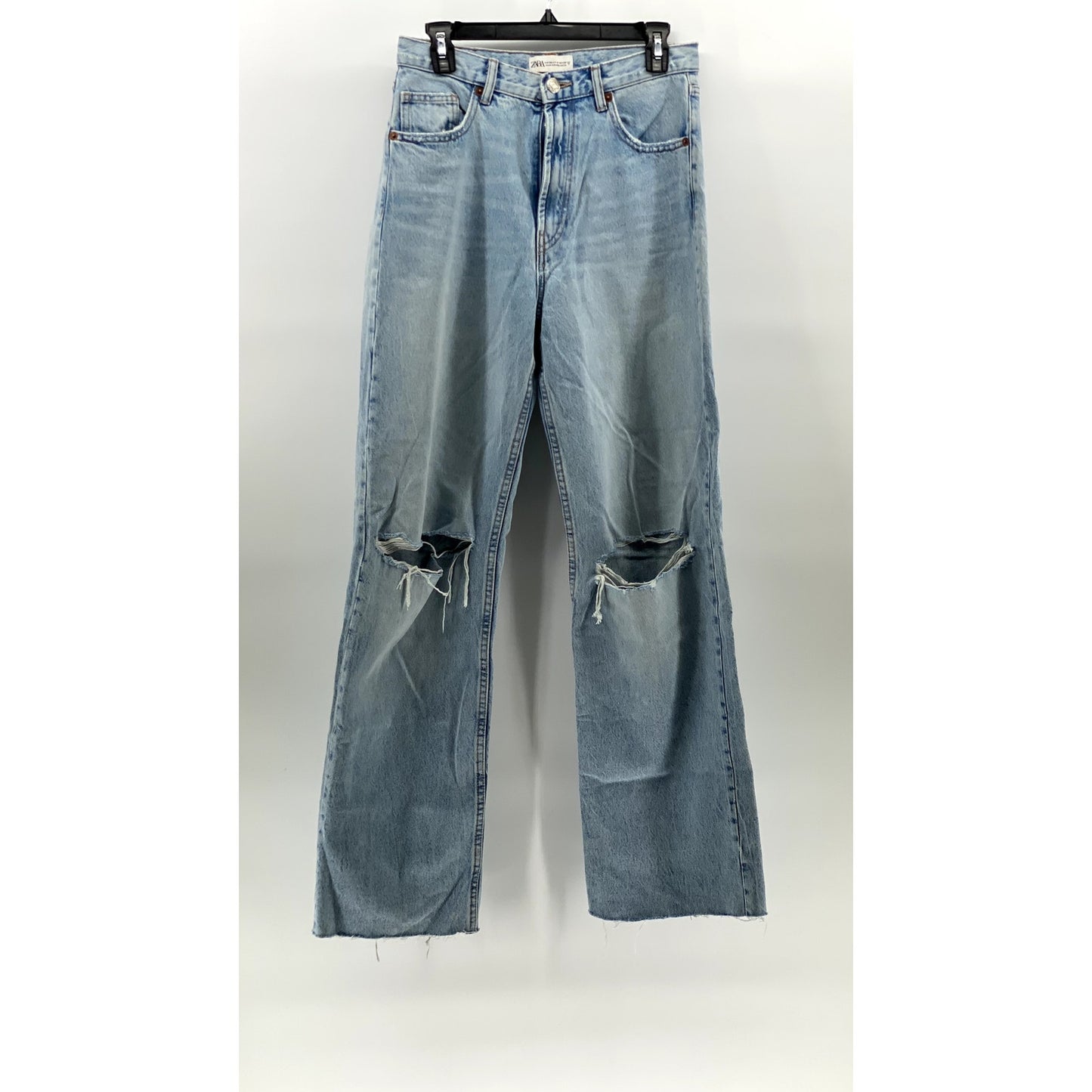 ZARA Women's Light Blue Denim Distressed Wide-Leg High-Rise Jeans SZ 6