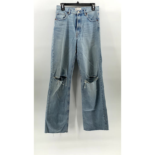 ZARA Women's Light Blue Denim Distressed Wide-Leg High-Rise Jeans SZ 6