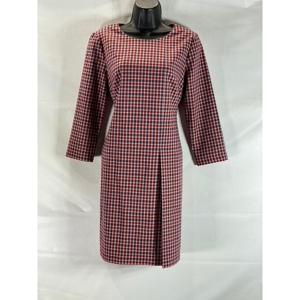 MARIELLA ROSATI Women's Red Mini Check Scoop-Neck Tie-Waist 3/4 Sleeve Dress SZM