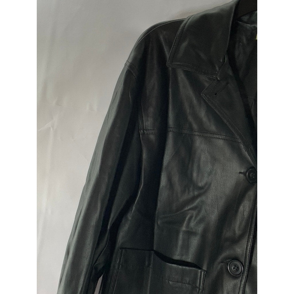 TOPSHOP Women's Black Faux-Leather Button-Up Long Sleeve Boxy Jacket SZ 4