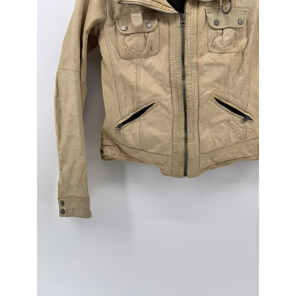 BERSHKA Women's Tan Cow Leather Zip-Up Buckle-Neck Long Sleeve Jacket SZ L