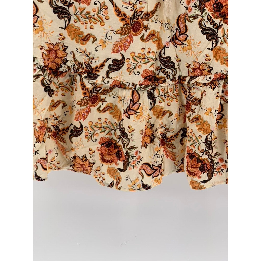 FOREVER 21 Women's Cream-Orange Floral Short Sleeve V-Neck Mini Dress SZ S