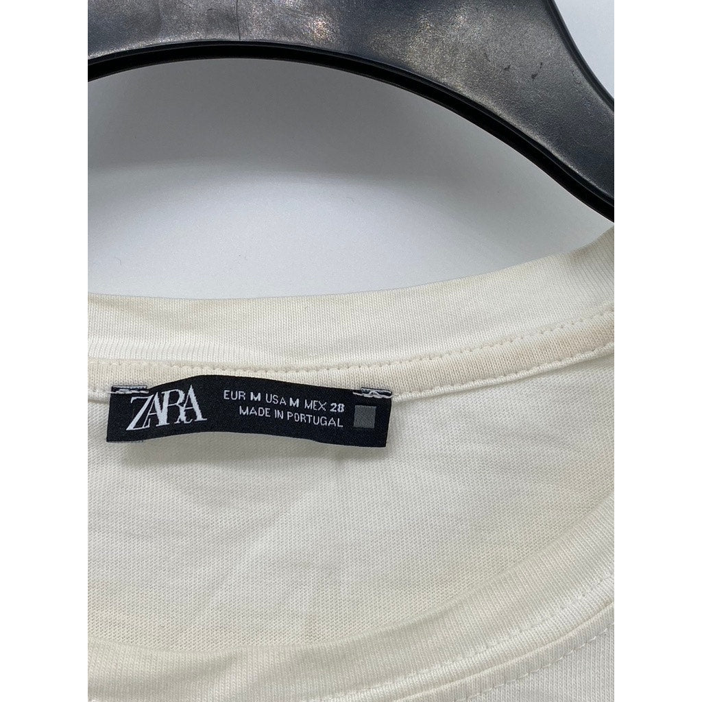 ZARA Women's White-Black Abstract Face Graphic Crewneck Short Sleeve Top SZ M