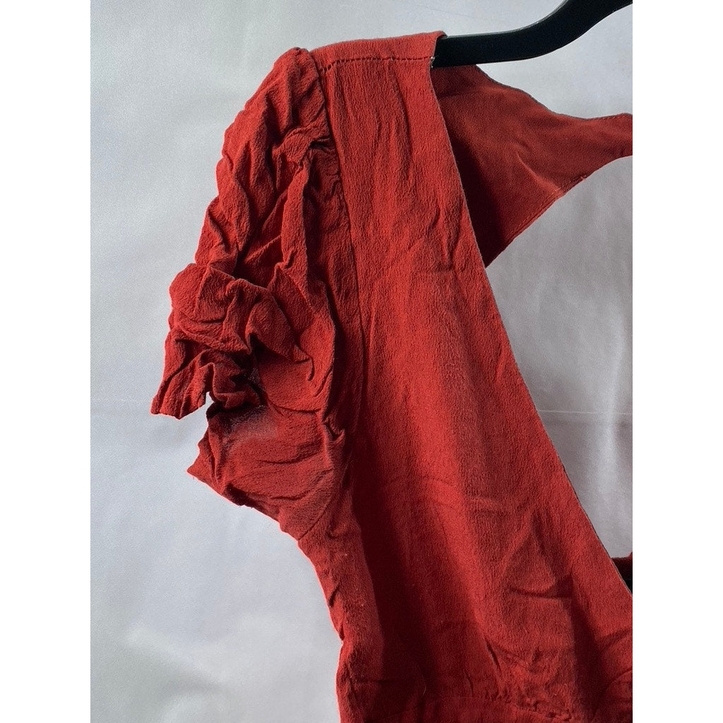 FOREVER 21 Women's Red V-Neck Hook & Loop Short Sleeve Crop Top SZ M