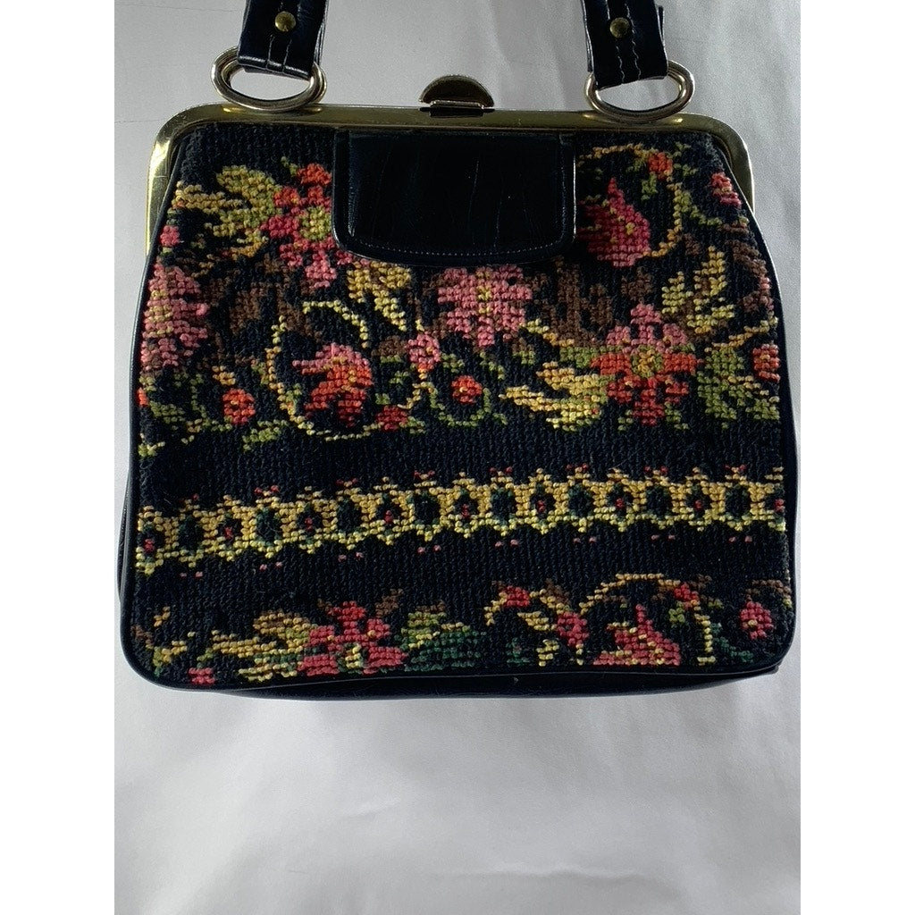 Women's Black Needle-Point Vintage 60's Square Tapestry Carpet Chic Shoulder Bag