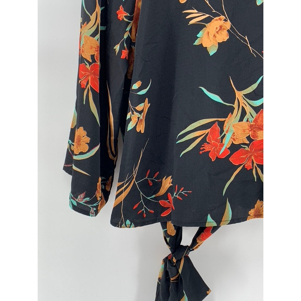 CODE X MODE Women's Black Floral Tie-Back 3/4 Sleeve Top SZ XL