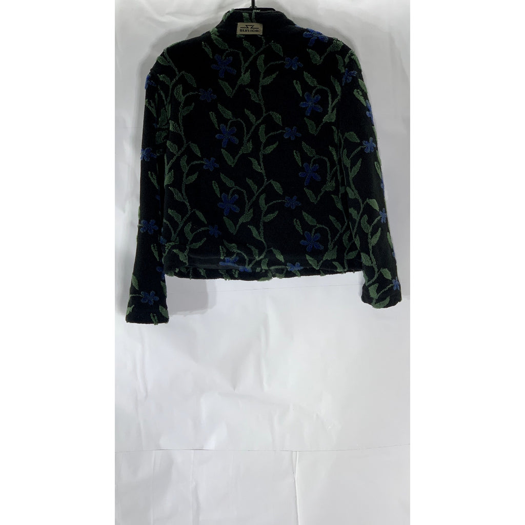 SUN ICE Women's Black Embroidered Floral Zip-Up Cropped Sweater SZ XS