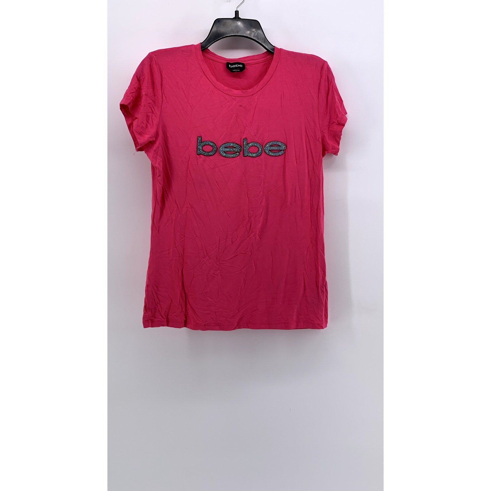 BEBE Women's Hot Pink Rhinestone Embellished Logo Short Sleeve Top SZ L