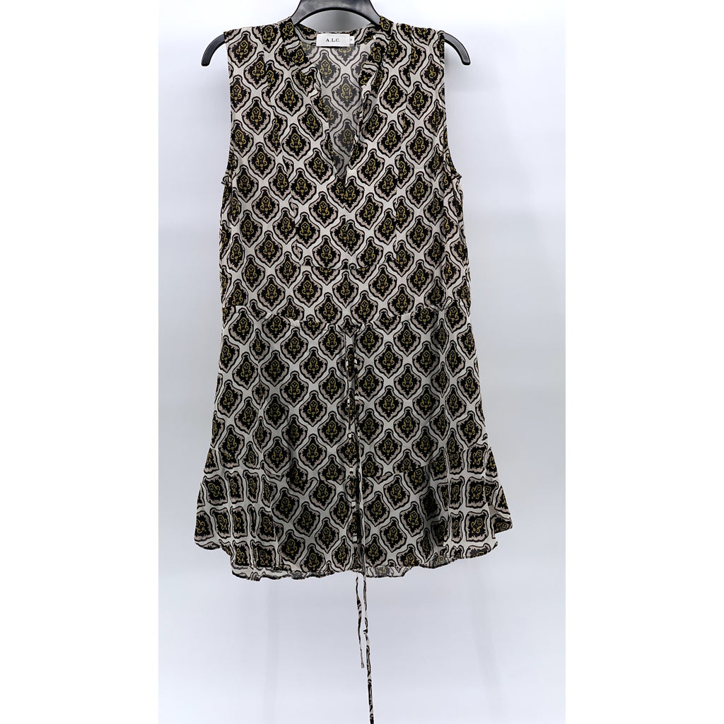 A.L.C Women’s Cream Printed Calder Sleeveless Tie-Waist Mini A-line Dress SZ 8