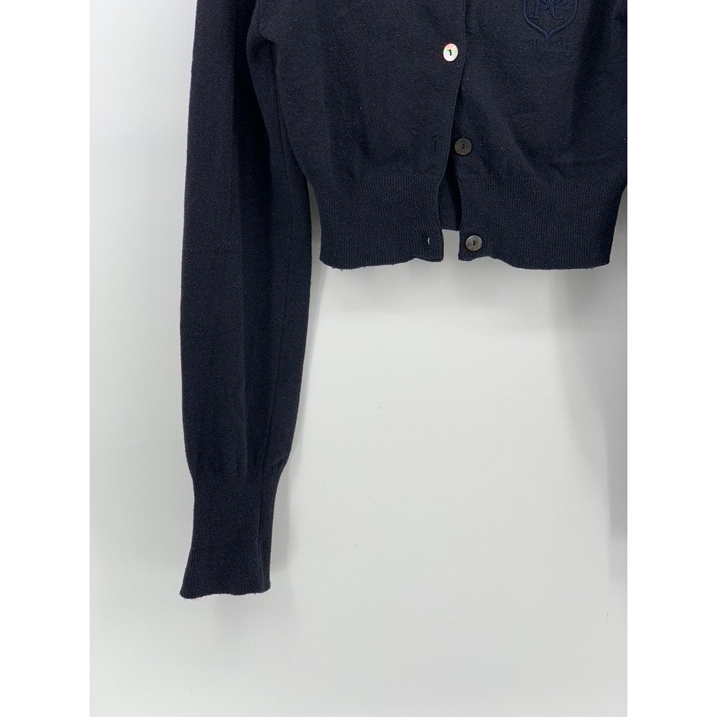 SPOONING Women's Navy Blue Knit Wool Primary Club Button-Up Cropped Cardigan SZS