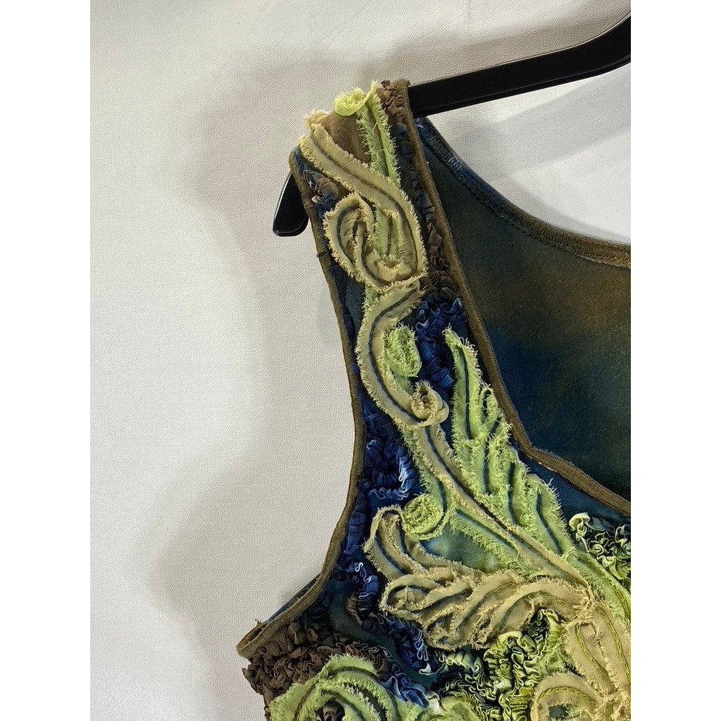 MEZON Women's Green Tie-Dye Textured Scoop-Neck Sleeveless Tank Top SZ M