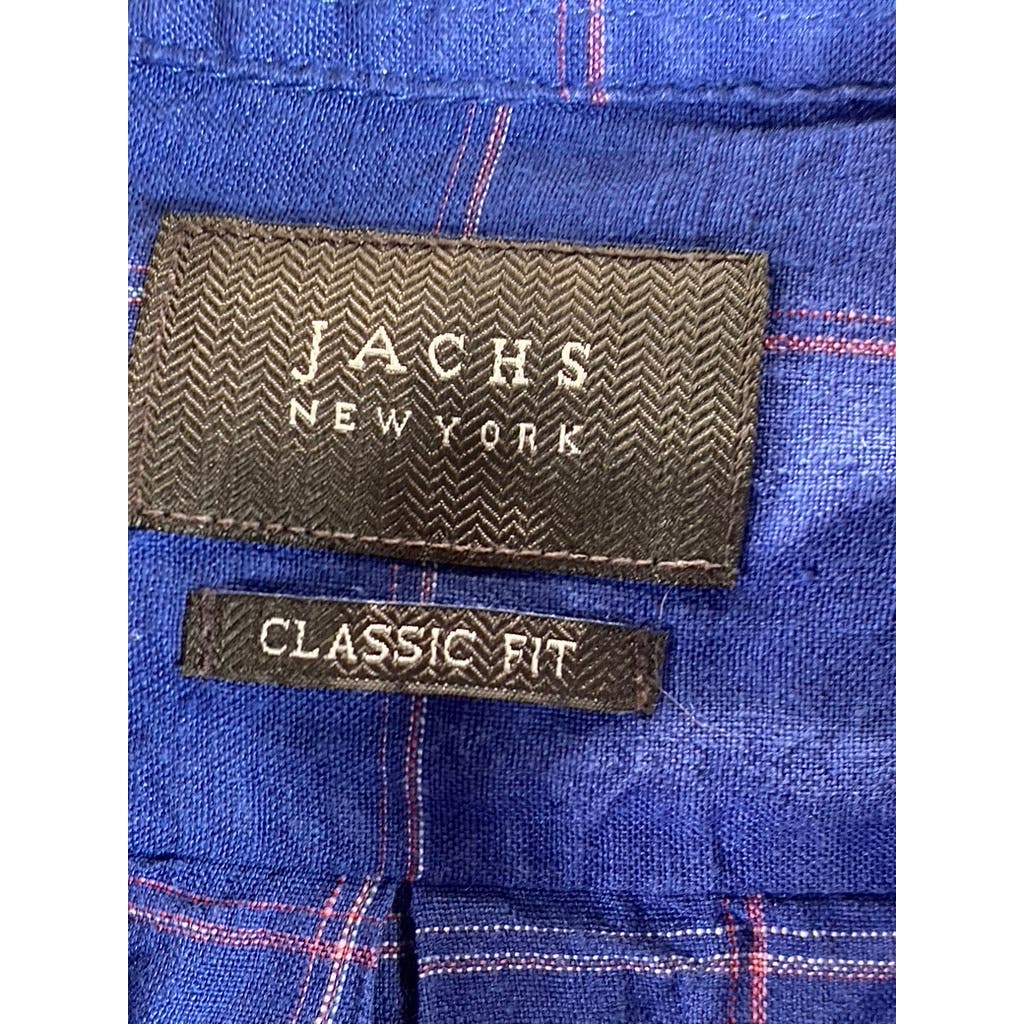 JACHS NEW YORK Men's Blue Windowpane Linen Classic-Fit Button-Up Shirt SZ S