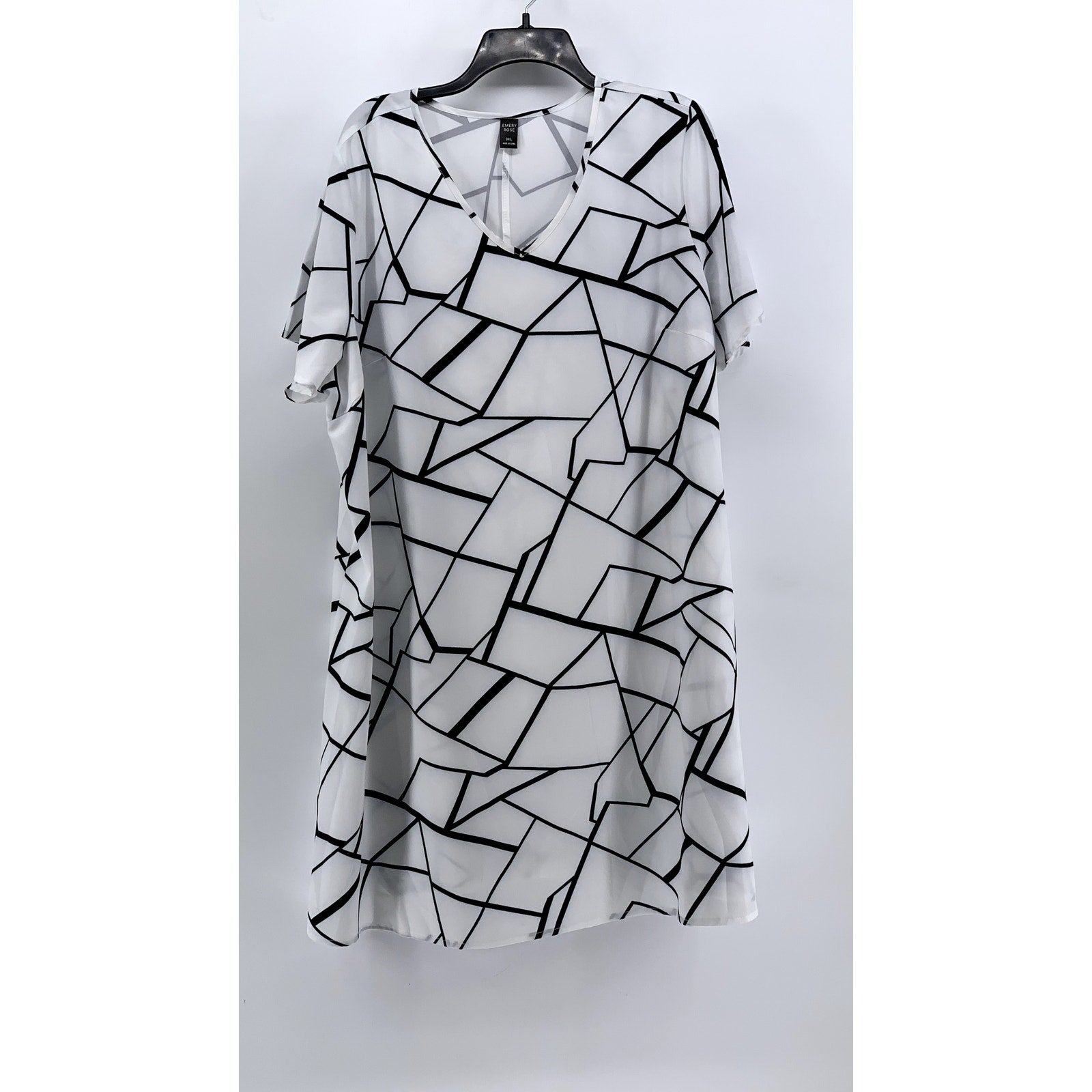 EMERY ROSE Women's White-Black Abstract Print V-Neck Short Sleeve Dress SZ 3XL