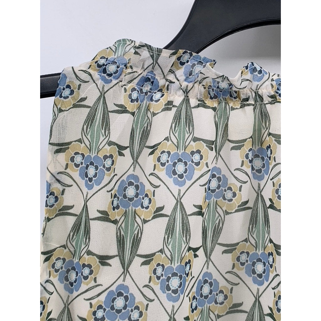 MAX STUDIO Women's White-Blue Floral Ruffle Split-Neck Sleeveless Top SZ XS