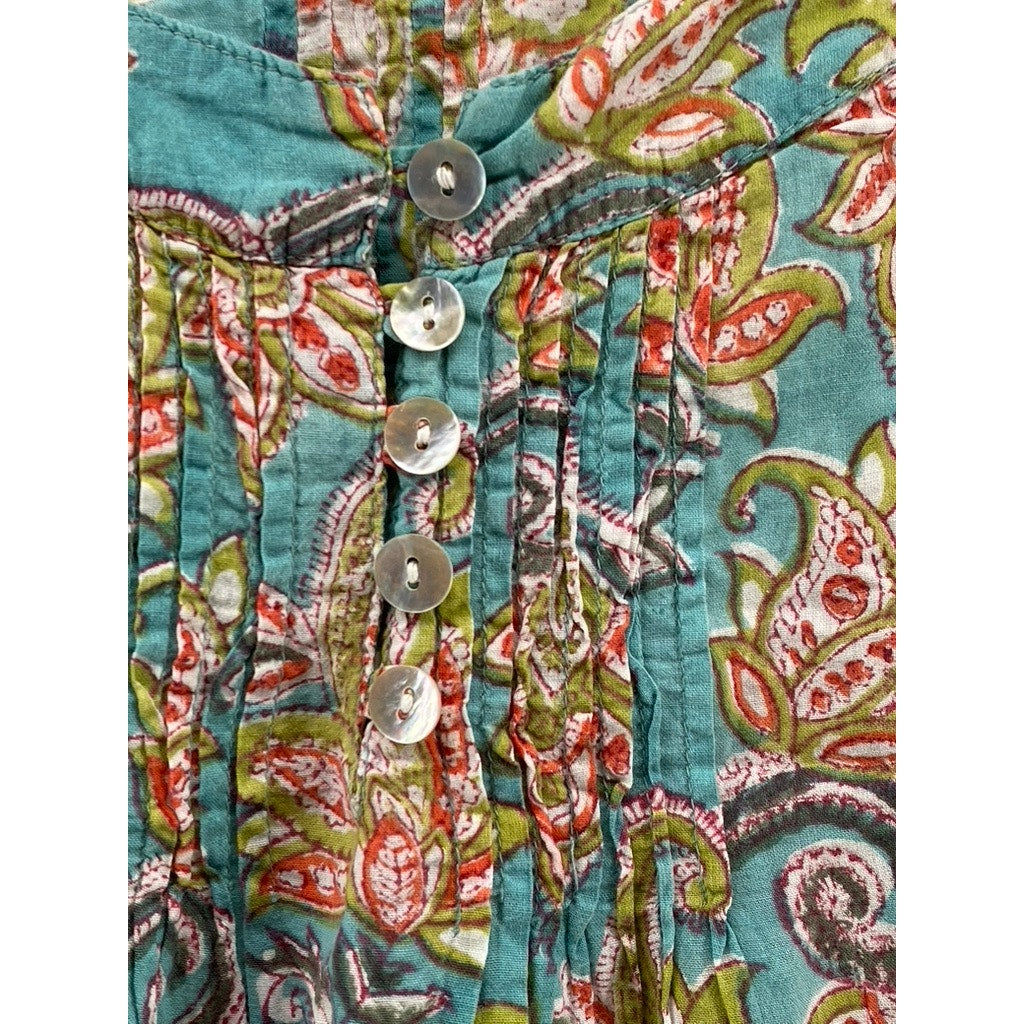 KUNDALINI Women's Green-Tan Printed Henley Short Sleeve Ruffle Hem Dress SZ S