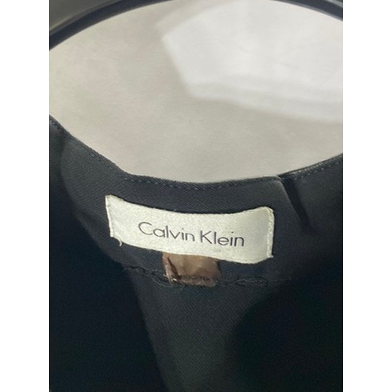 CALVIN KLEIN Women's Black Faux Leather Trim V-Neck Shift Round-Hem Dress SZ 6