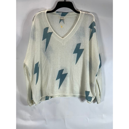 P.O.L Women's Cream Blue Lightening Bolt V-Neck Pullover Knit Sweater SZ S