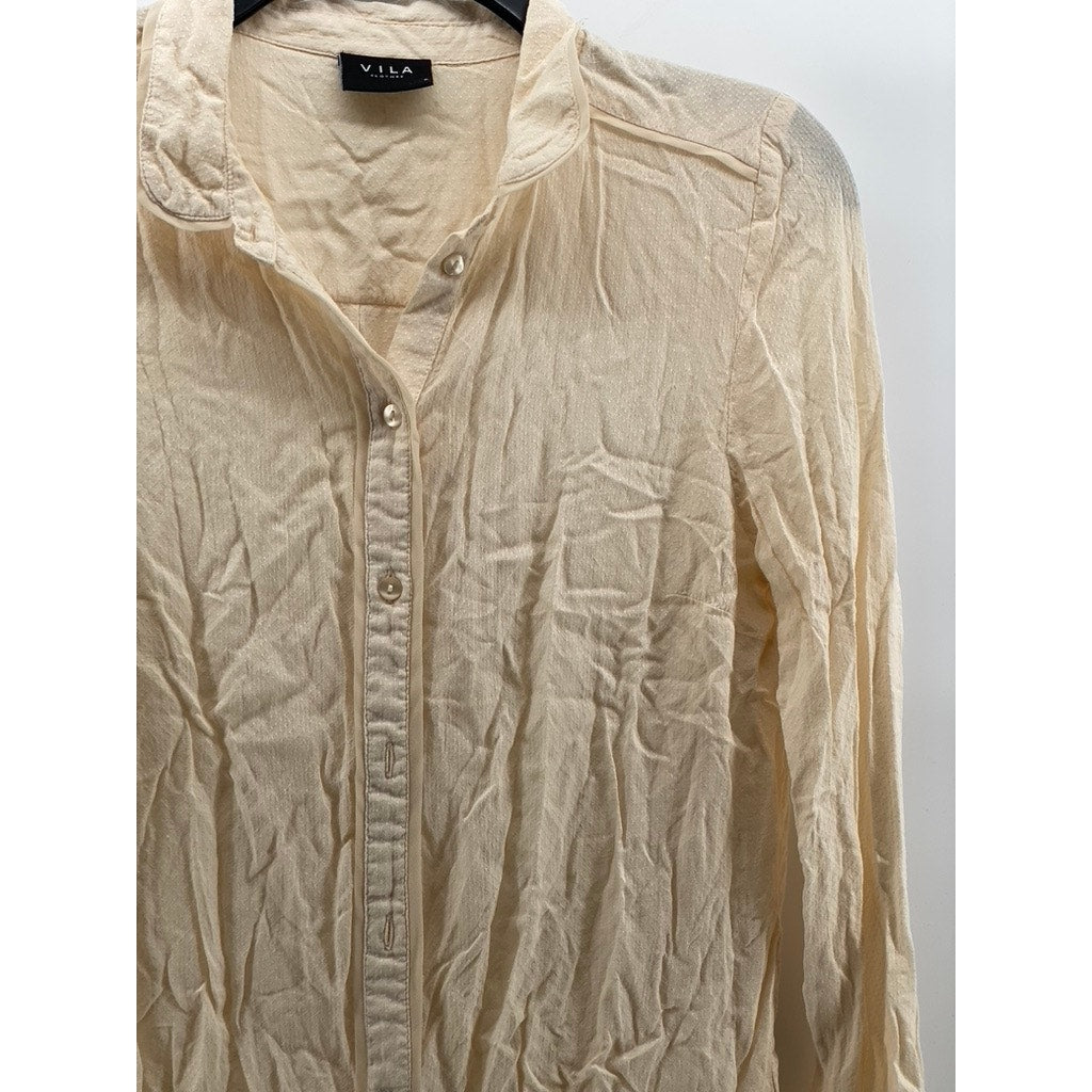 VILA Women's Beige Dot Textured Regular-Fit Button-Up Long Sleeve Top SZ S