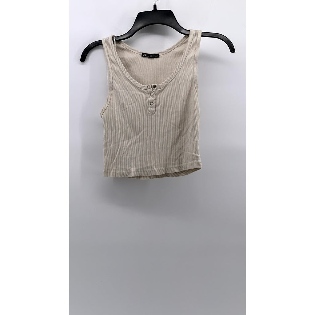 ZARA Women's Beige Ribbed Henley Cropped Tank Top SZ M
