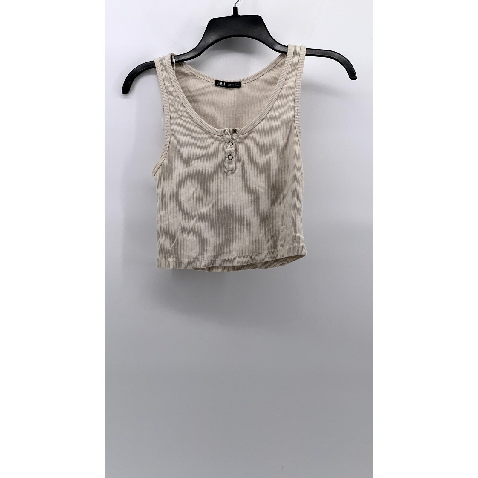 ZARA Women's Beige Ribbed Henley Cropped Tank Top SZ M