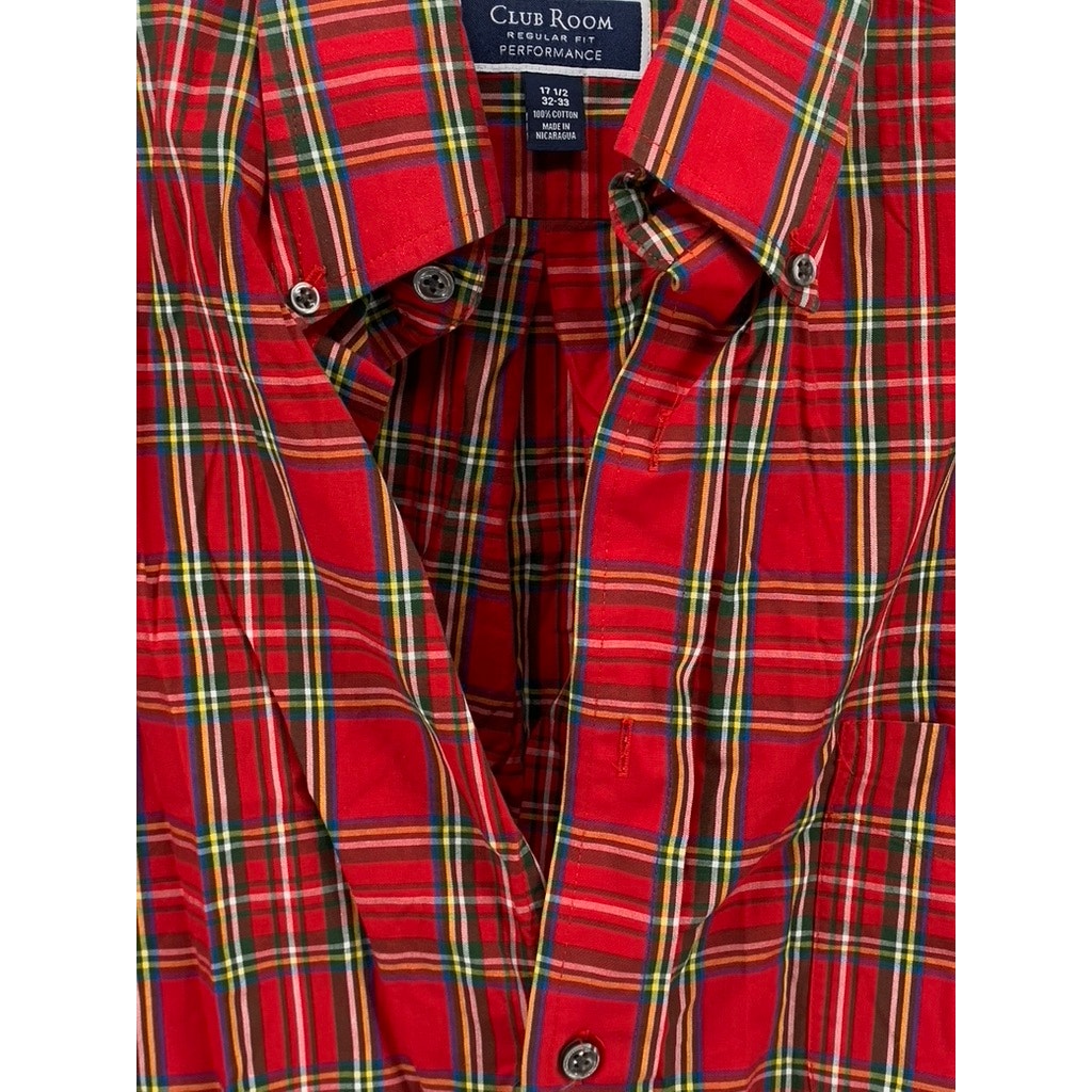 CLUB ROOM Men's Red-Green Plaid Regular-Fit Button-Up Long Sleeve Shirt SZ 17.5