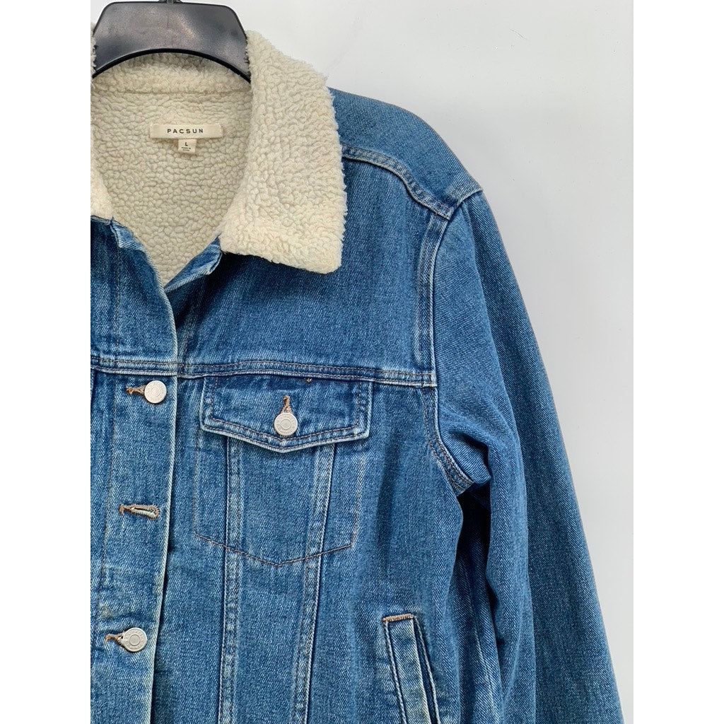 PACSUN Women's Dark Blue Denim Button-Up Sherpa Oversized Trucker Jacket SZ L
