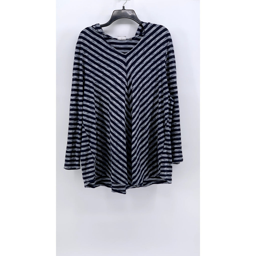 AVENUE Women's Plus Navy-Gray Striped V-Neck Hooded Long Sleeve Top 22/24