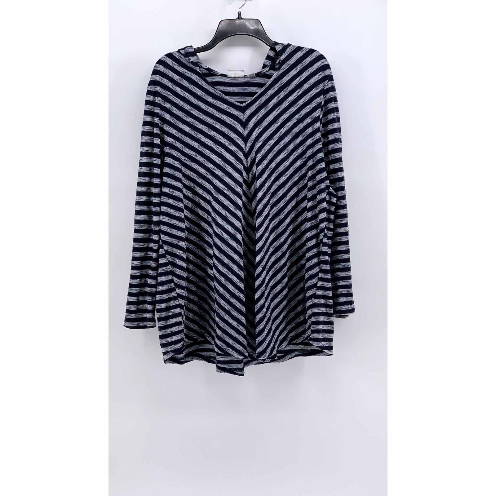 AVENUE Women's Plus Navy-Gray Striped V-Neck Hooded Long Sleeve Top 22/24