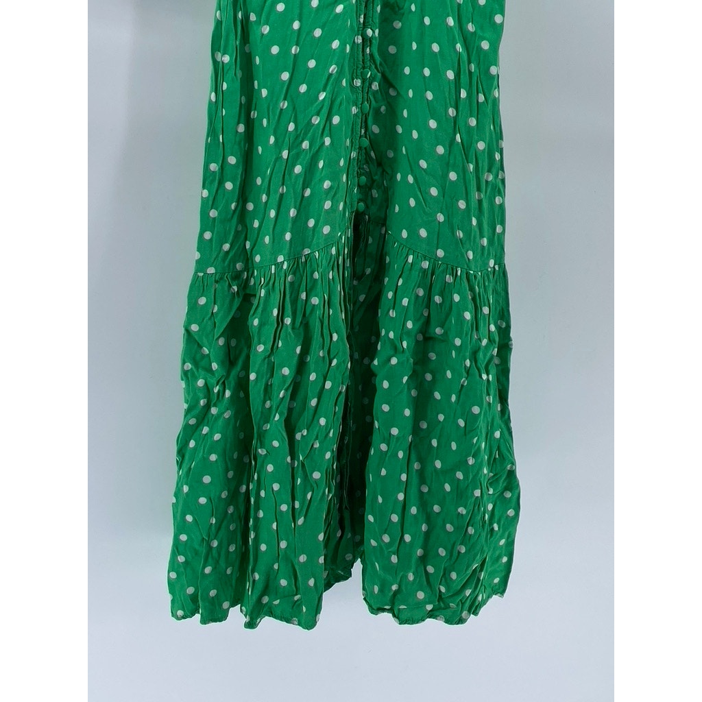 ZARA Women's Green-White Polka Dot Smocked V-Neck Button-Front Midi Dress SZ XS