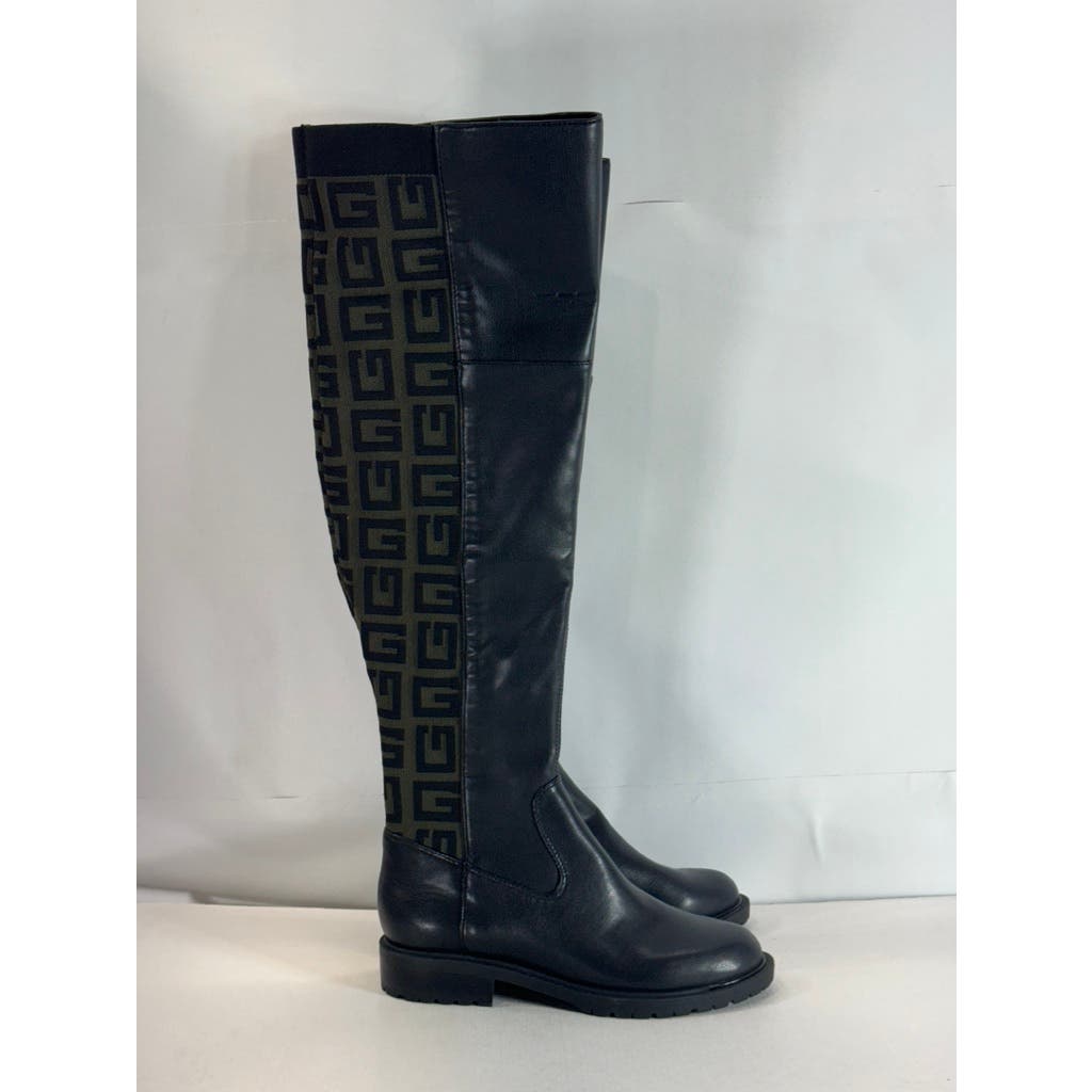 GUESS Women's Black/Taupe Remone Block-Heel Pull-on Knee High Boots SZ 5.5