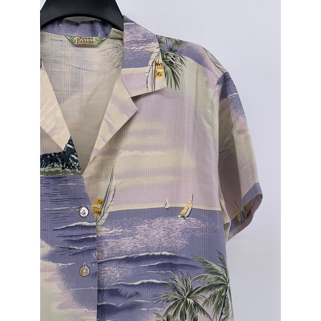 TOMMY BAHAMA Women's Blue Vintage Tropical Button-Up Silk Top SZ L
