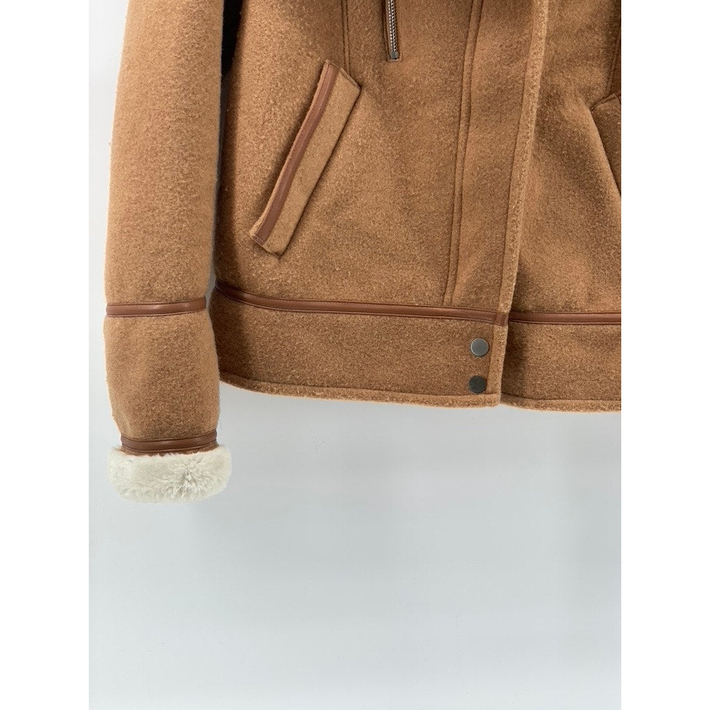 NVLT Women's Tan-White Sherpa Lined Zip-Up Brushed Melton Wool-Blend Jacket SZ S