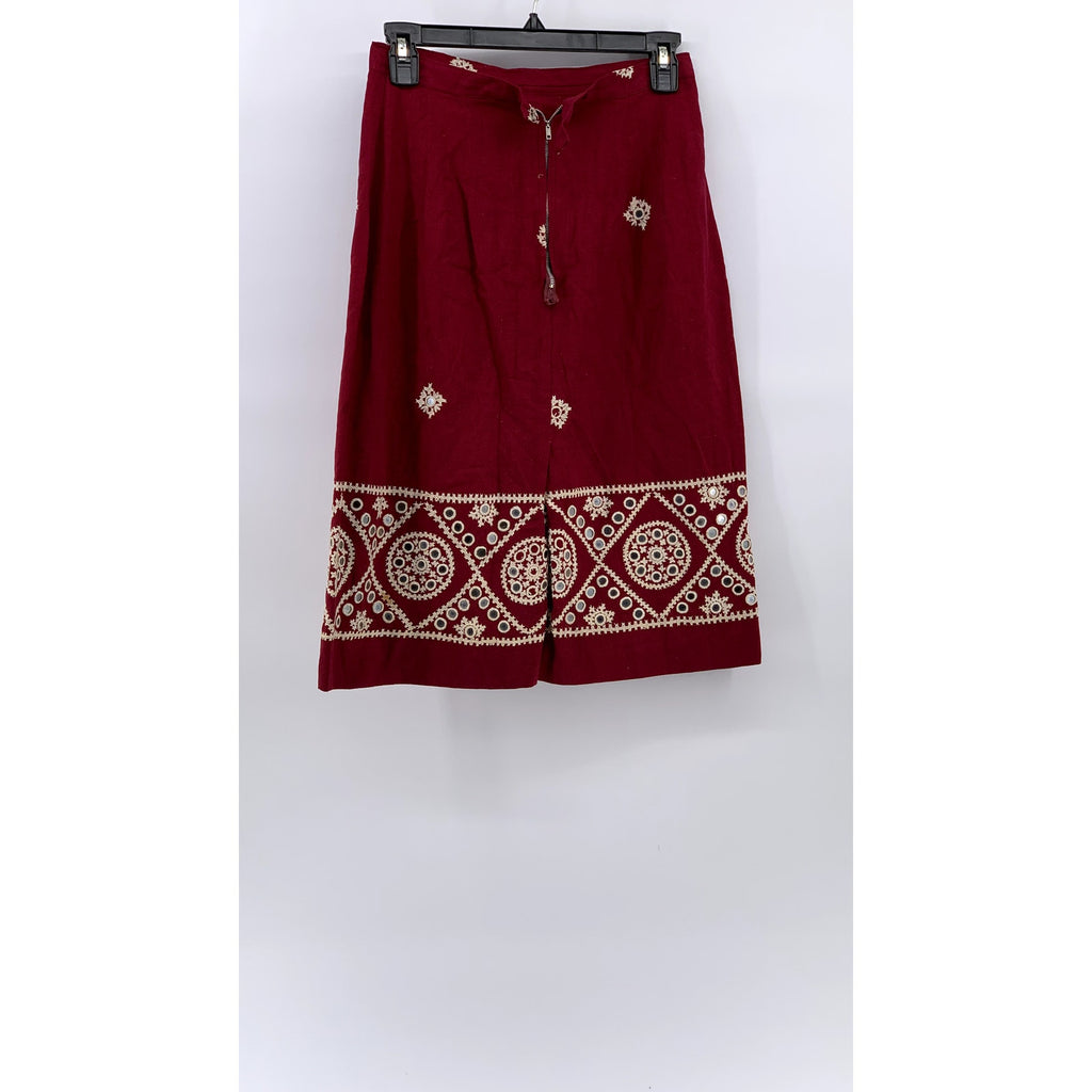 UNBRANDED Women's Burgundy-Beige Embroidered Embellished Eyelet Midi Skirt SZ S