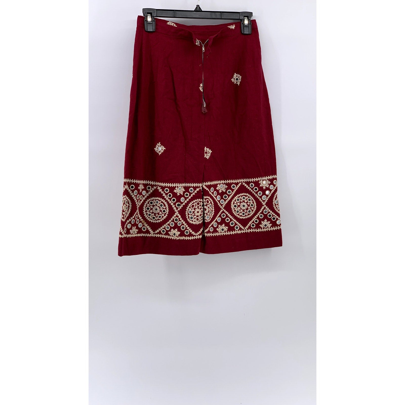 UNBRANDED Women's Burgundy-Beige Embroidered Embellished Eyelet Midi Skirt SZ S