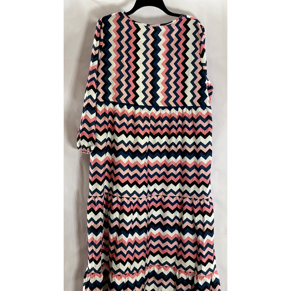 UNBRANDED Women's Pink/Black/White Zig-Zag Tie-Neck 3/4 Sleeve Midi Dress SZ XL