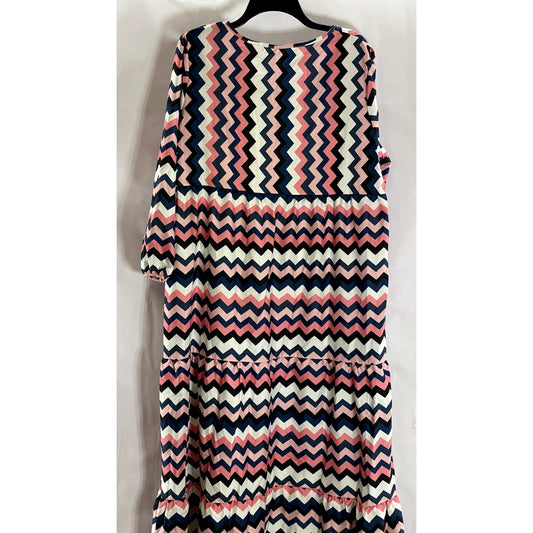 UNBRANDED Women's Pink/Black/White Zig-Zag Tie-Neck 3/4 Sleeve Midi Dress SZ XL