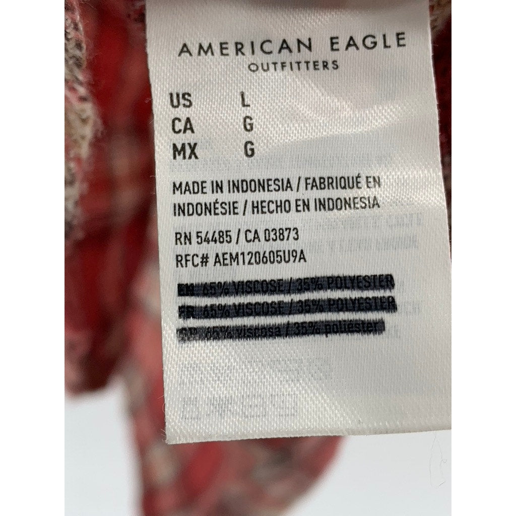 AMERICAN EAGLE Men's Red Plaid Button-Up Hooded Long Sleeve Sweater Shirt SZ L