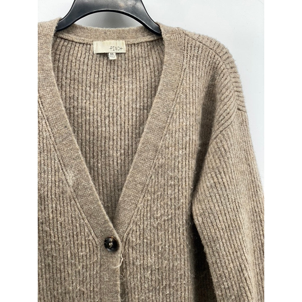 PINCH Women's Tan Rib Knit V-Neck Long Sleeve Button-Up Cuffed Cardigan SZ M/L
