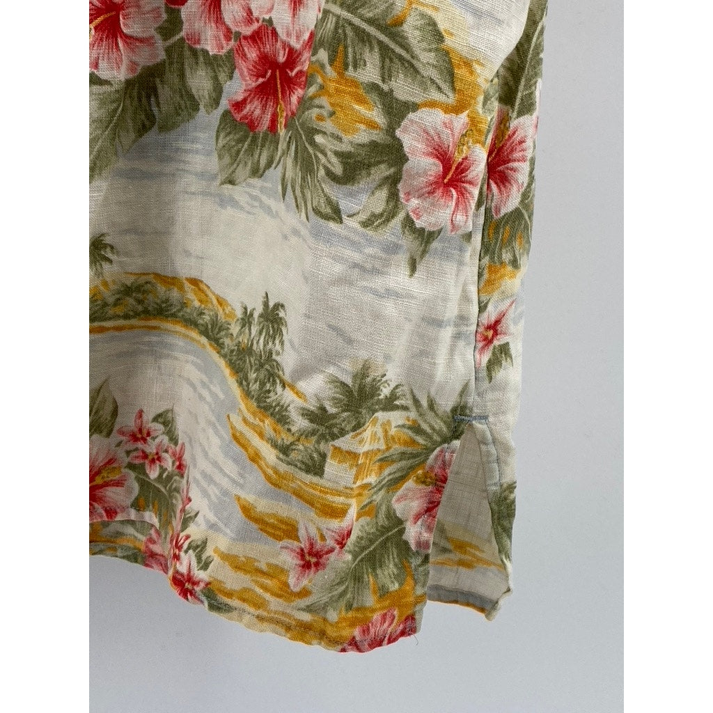 JONES NEW YORK SPORT Women's Tan Linen Floral Button-Up Short Sleeve Top SZ L