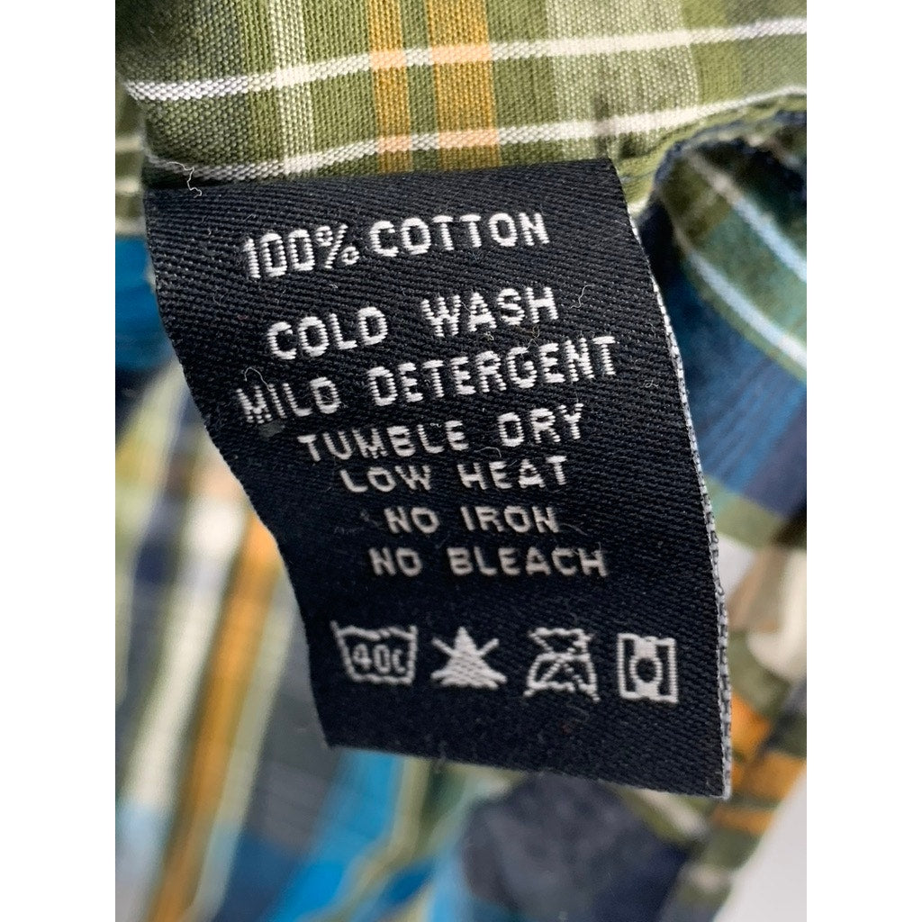 XXX RUDE Men's Green-Blue Plaid Button-Up Long Sleeve Regular-Fit Shirt SZ M