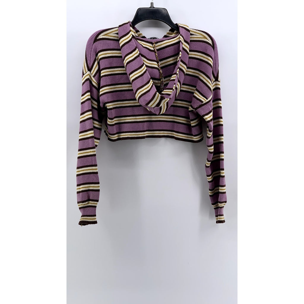KENDALL & KYLE Women's Pink-Tan Striped Ribbed Hooded Cropped Sweater SZ XS