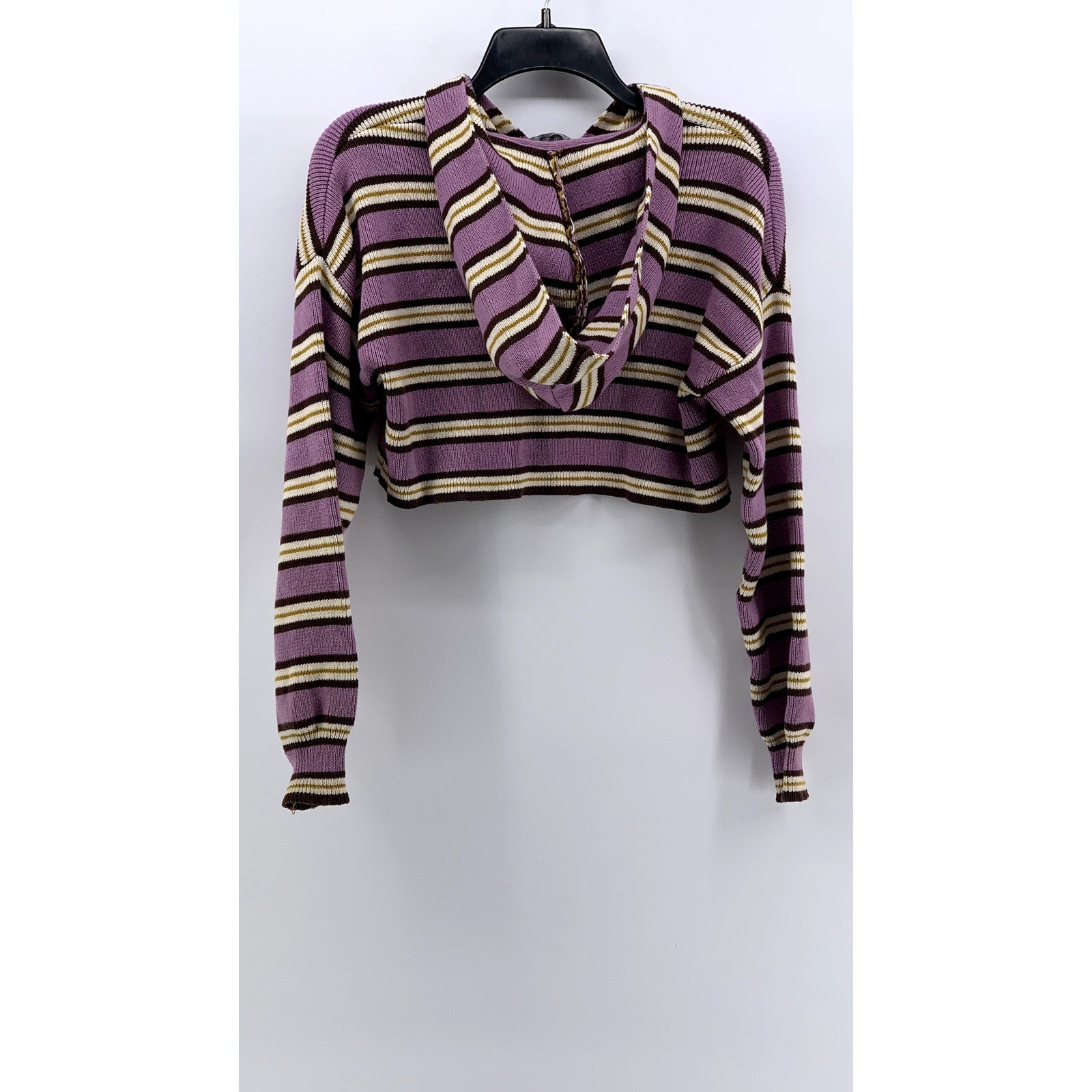 KENDALL & KYLE Women's Pink-Tan Striped Ribbed Hooded Cropped Sweater SZ XS