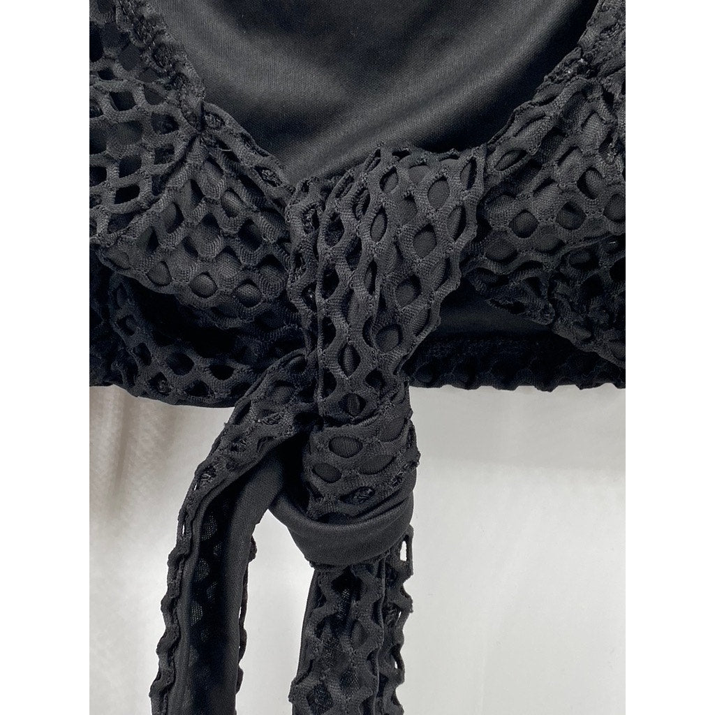 IRIS Women's Black Mesh Long Sleeve Tie-Knot Cropped Top SZ M