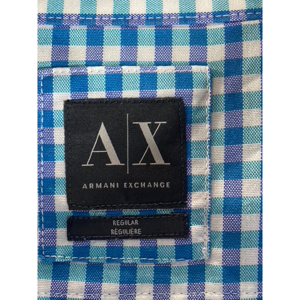 A|X ARMANI EXCHANGE Men's Blue Mini Check Regular-Fit Button-Up Shirt SZ XL