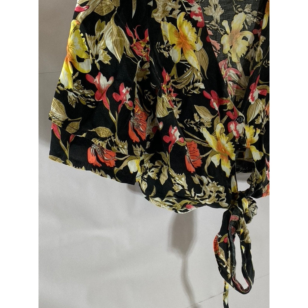 SEEK THE LABEL Women's Black Floral Tie-Front Tiered Short Sleeve Crop Top SZ XS