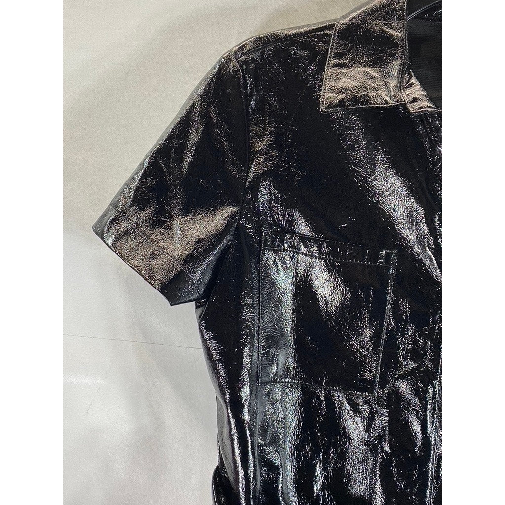 EIGHT PARIS Women's Black Faux-Leather Short-Sleeve Mini Belted Dress SZ M